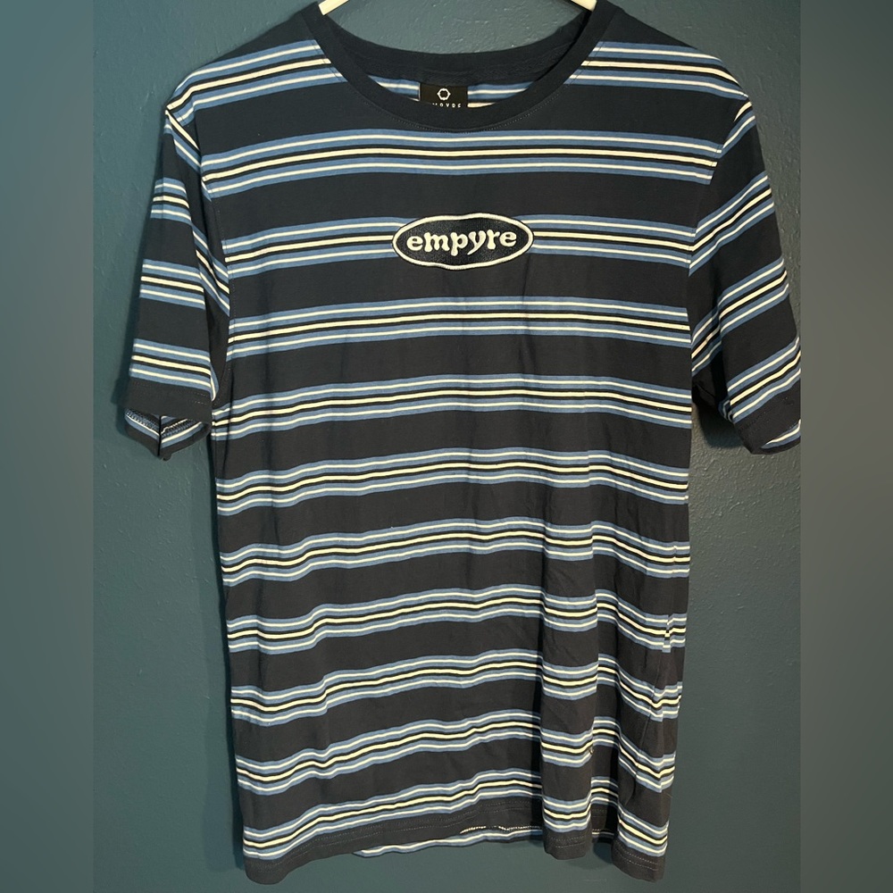 Embroidered Logo "Empyre" Short Sleeve Striped Blue T-Shirt